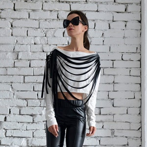 Extravagant Crop Top/White Blouse/Leather Fringe Shirt/Long Sleeve White Top/Crop Top Sweater/Asymmetric Tank Top/Black and White Casual Top White