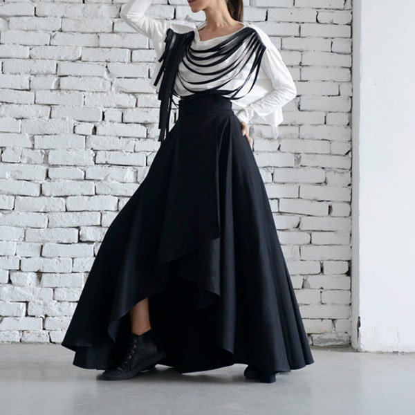 Maxi Black Skirt/Asymmetric Loose Skirt/Long Skirt/Elegant Evening Skirt/Classic Modern Black Skirt/Oversize Maxi Skirt/High Waist Skirt