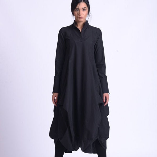 Robe chemise longue / Premier jour de l'automne / Robe à manches longues / Robe longue caftan / Robe de grossesse / Robe de sorcière noire / Robe noire de sorcière