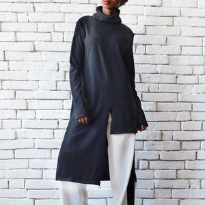 Black Asymmetric Top/Loose Casual Tunic/Turtleneck Black Tunic/Long Sleeve Blouse/Black Oversize Long Top METT0089