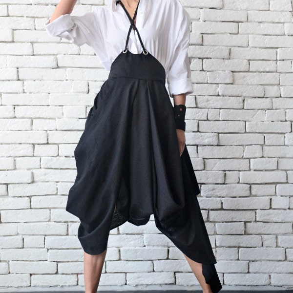Jupe en lin asymétrique/jupe extravagante longue courte/jupe ample noire/jupe combinaison avec bretelles/chemise noire surdimensionnée/jupe moderne
