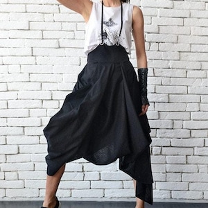 Black Linen Asymmetrical Skirt with Suspenders