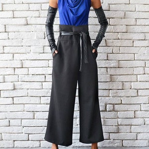 Black Maxi Pants/Loose Long Trousers/High Waist Pants/Black Casual Pants/Wide Leg Pants/Oversize Long Pants/Black Belted Pants METP0027