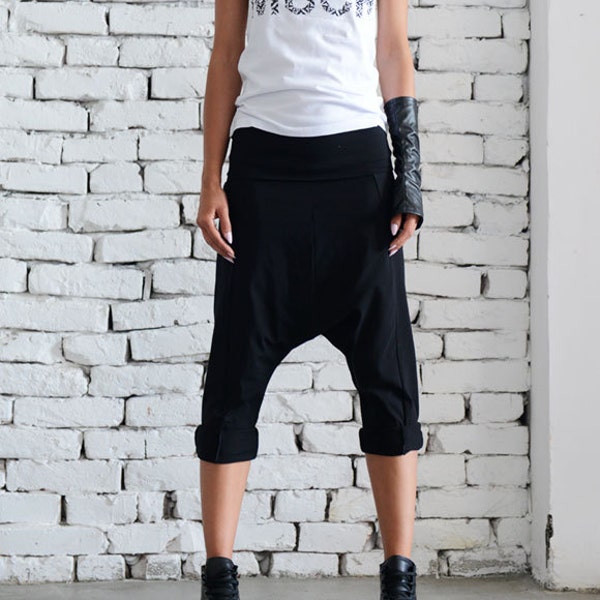 Black Drop Crotch Pants/Extravagant Loose Shorts/Black Harem Pants/Plus Size Maxi Pants/Casual Yoga Pants/Black Workout Pants METP0023