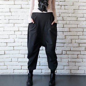 Drop Crotch Black Pants/Loose Wide Pants/Black Maxi Pants/Oversize Casual Pants/Black Harem Pants/Calf Length Capris/Black Loose Trousers