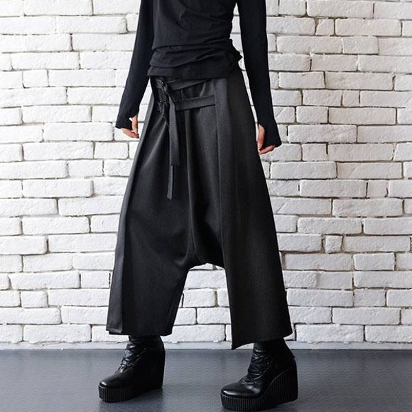 Pantalon Maxi gris avec ceintures/Pantalon Harem surdimensionné extravagant/Pantalon femme Drop Crotch/Pantalon Long Oversize/Pantalon ample extravagant