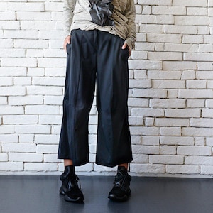 Pantalones sueltos negros/pantalones maxi negros/pantalones 3/4/capris casuales negros/pantalones de pierna ancha/pantalones de tobillo medio/pantalones negros de gran tamaño METP0036