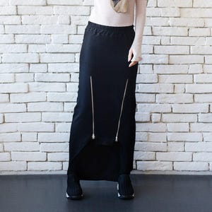 Asymmetric Black Skirt/Extravagant Alternative Skirt/Zipper Detail Long Short Black Skirt/Black Tight Skirt with Zippers METSk0011