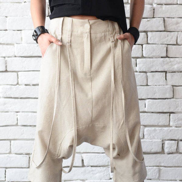 Drop Crotch Linen Pants/Loose Summer Pants/Beige Ankle Pants/Maxi Trousers/Oversize Beige Pants/Linen Harem Pants/Plus Size Gypsy Pants