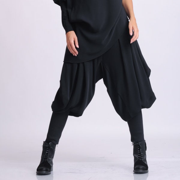 Schwarze Hose mit tiefem Schritt/lose Maxihose/bequeme Plus Size Hose/schwarze Haremshose/schwarze Gypsy Hose/Oversize lange Hose