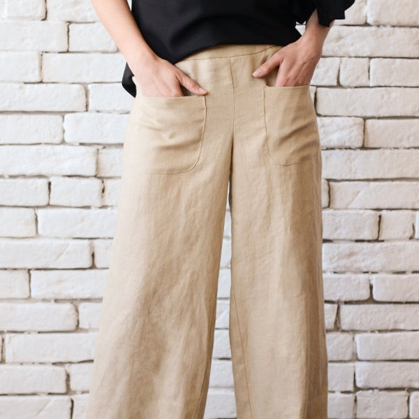 Beige Linen Pants/Maxi Pants/Linen Long Trousers/Wide Leg Plus Size Pants/Casual Everyday Pants/Asymmetric Extravagant Pants METP0041
