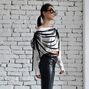 Extravagant Crop Top/White Blouse/Leather Fringe Shirt/Long Sleeve White Top/Crop Top Sweater/Asymmetric Tank Top/Black and White Casual Top image 3
