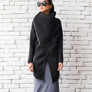 Black Winter Coat/Asymmetric Warm Jacket/Long Black Coat/Large Collar Dress/Loose Black Cardigan/Oversize Black Blazer METC0020