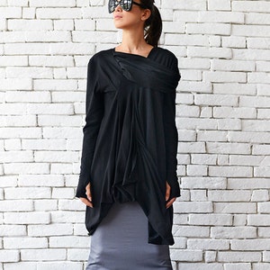 Long Sleeve Black Tunic/Draped Tunic/Black Dress/Asymmetric Tunic Top/Extravagant Blouse/Long Sleeve Black Top/Black Casual Shirt METT0004