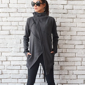 Oversize Grey Jacket/Asymmetric Loose Blazer/Short Grey Coat/Long Sleeve Tunic/Casual Short Coat/Plus Size Top/Zipper Blazer/Grey Top