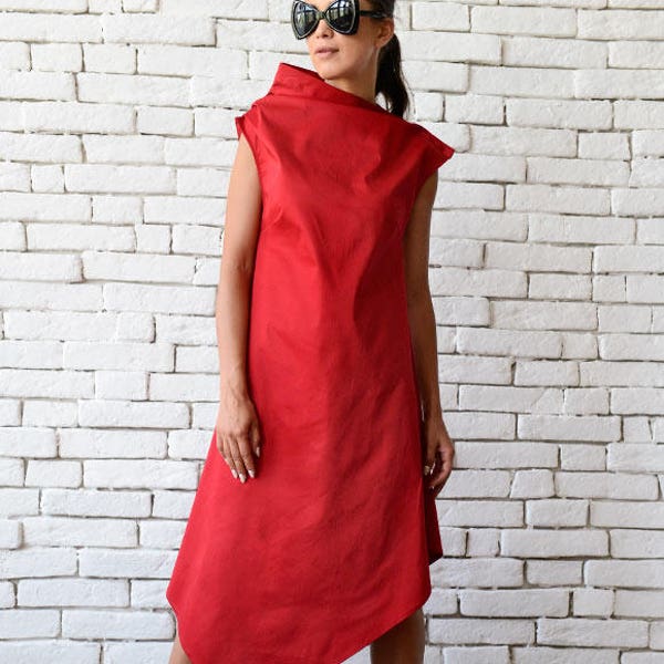 Red Asymmetric Dress/Extravagant Clothing/Casual Summer Dress/Red Sleeveless Dress/Red Long Tunic/Summer Party Dress/Sleeveless Dress