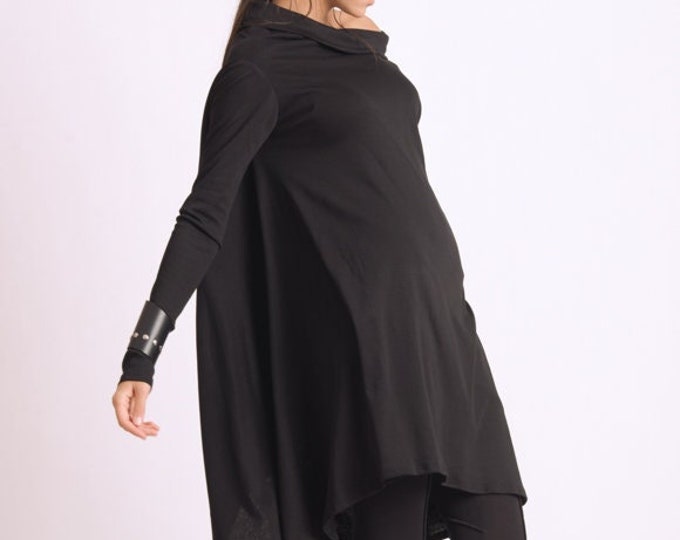 Black Asymmetric Tunic/Extravagant Casual Tunic/Oversize Black Long Top/Long Sleeve Tunic Top/Everyday Casual Black Tunic METT0116