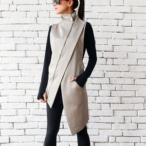 Beige Elegant Zipper Vest/asymmetric Casual Long Top/extravagant