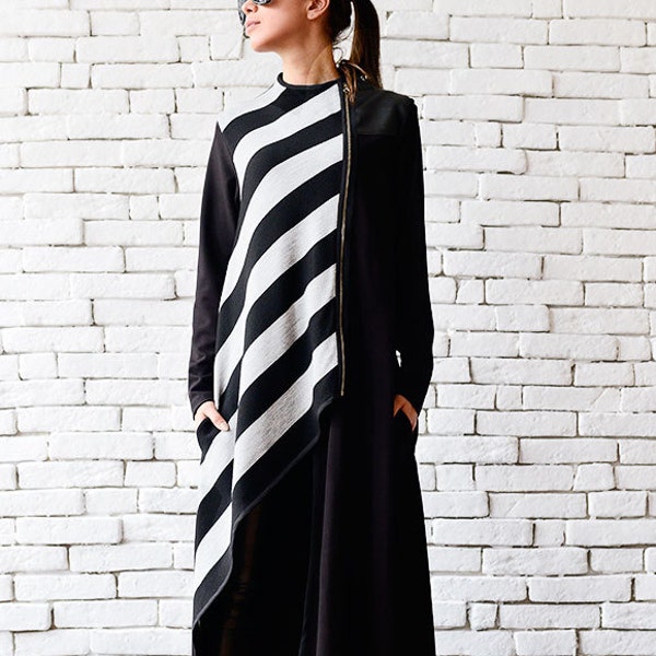 Asymmetric Long Coat/Stripe Black Cardigan/Loose Long Jacket/Oversize Black Coat/Stripe Winter Coat/Extravagant Zipper Tunic/Black Coat