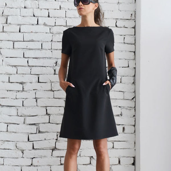 Robe décontractée noire / Petite robe noire / Robe de bureau midi / Tunique à manches courtes / Haut noir long / Haut à manches noires oversize / Robe noire d’école