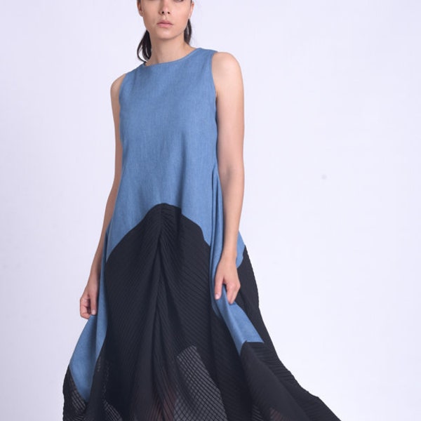 Black and Denim Sleeveless Dress/Extravagant Pleated Chiffon Dress/Asymmetric Loose Summer Dress/Oversize Casual Zipper Dress METD0156