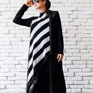 Plus Size Long Coat/Stripe Pattern Oversize Jacket/Long Zipper Cardigan/Black and Light Grey Oversize Tunic/Asymmetric Casual Winter Coat