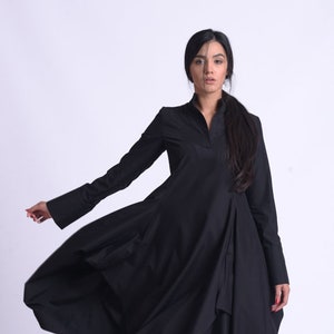 Maxi Asymmetric Shirt Dress In Black  / Long Collared Dress METD0162