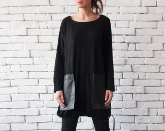 Loose Black Tunic/Oversize Black Blazer/Comfortable Plus Size Top/Long Sleeve Shirt/Leather Pocket Top/Black Maxi Tunic/Black Warm Sweater