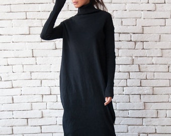 Long Black Dress/Oversize Tunic Dress/Long Sleeve Loose Dress/Oversize Black Dress/Comfortable Everyday Dress/Plus Size Dress METD0071