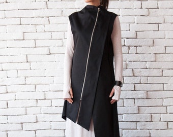 Black Long Loose Vest/Asymmetric Extravagant Tunic/Sleeveless Zipper Jacket/Open Back Loose Shirt/Black Maxi Dress/Oversize Long Casual Top