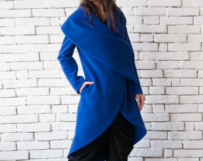 Blue Long Coat/Royal Blue Loose Jacket/Extravagant Large Collar Blazer/Casual Winter Coat/Asymmetric Blue Jacket/Plus Size Coat METC0003