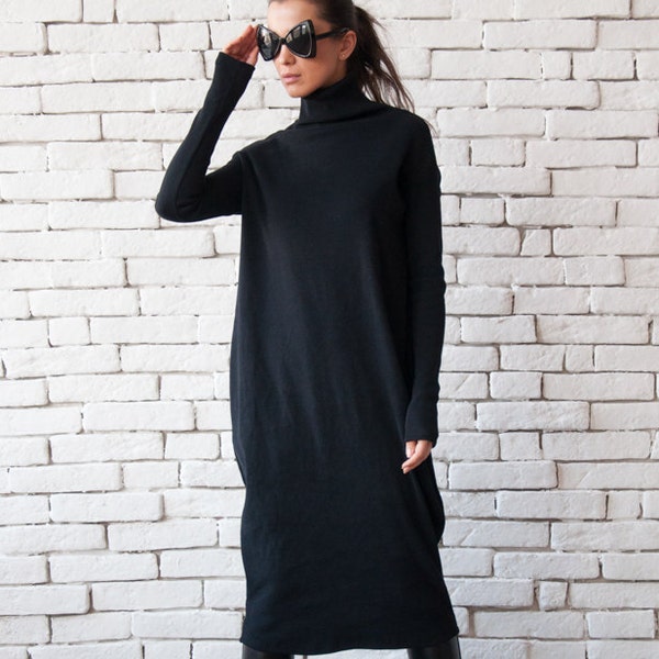 Long Black Dress/Oversize Tunic Dress/Long Sleeve Loose Dress/Oversize Black Dress/Comfortable Everyday Dress/Plus Size Dress METD0071