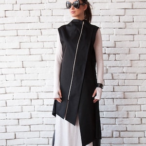 Black Long Loose Vest/Asymmetric Extravagant Tunic/Sleeveless Zipper Jacket/Open Back Loose Shirt/Black Maxi Dress/Oversize Long Casual Top