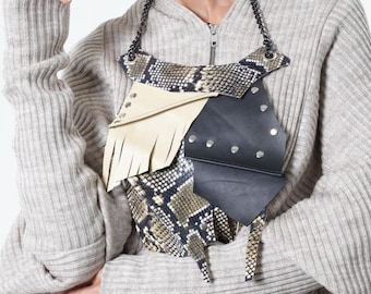 Leather Bib Necklace / Extravagant Accessory / Snake Print Necklace META0049