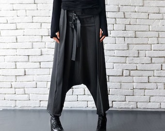 Loose Casual Drop Crotch Harem Pants/Decorative Front Belt Trousers/Grey Oversize Maxi Pants/Plus Size Maxi Pants/Comfortable Pants METP0010