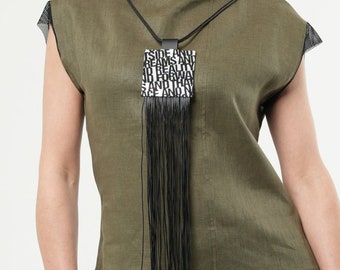 Oversized Necklace / Metallic Print Accessory / Genuine Leather Fringes Necklace