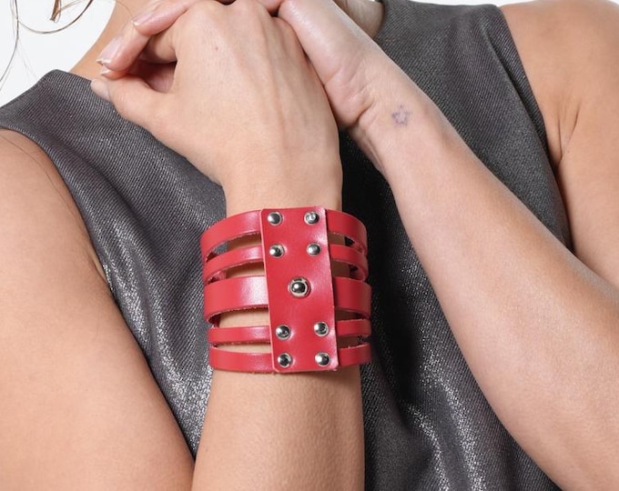 Red Multi-Strap Real Leather Cuff  - Leather Bracelet With Studds METBR35
