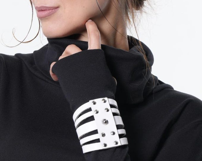 White Studded Bracelet - Multi-Strap Real Leather Cuff METBR35