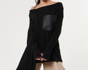 Oversized Tunic / Plus Size Tunic Tops / Knit Tunic Top / Black Tunic Top / Sweater Tunic / Off Shoulder Tunic / Maxi Top METT0012