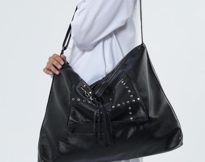 Large Leather Shoulderbag / Black Real Leather Tote Bag / Oversized Slouchy Bag METB0051
