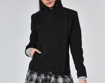 Zwarte korte jas / warme winterjas / jas in militaire stijl / kasjmier winterjas / blazer met dubbele rij knopen / militaire damesjas