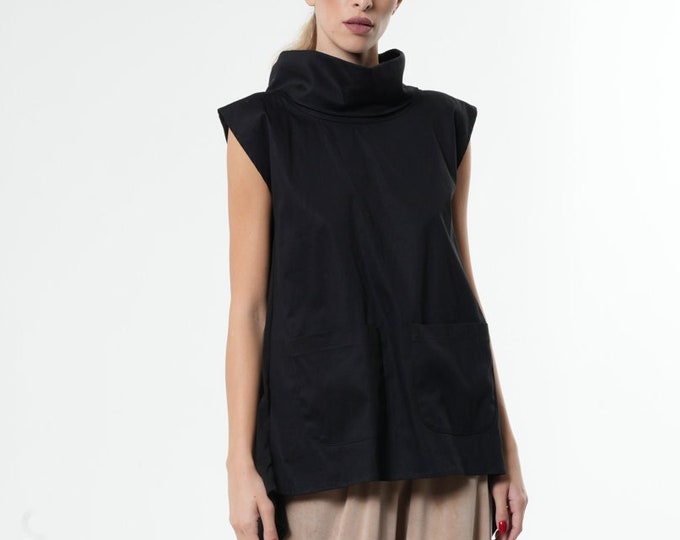 Black Asymmetric Turtleneck Tunic with Open Back