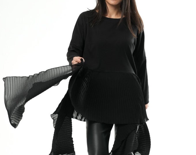 Black Chiffon Top / Asymmetrical Тop / Pleated Shirt / Chiffon Tunic / Pleated Top / Loose Tunic Top / Long Sleeve Shirt