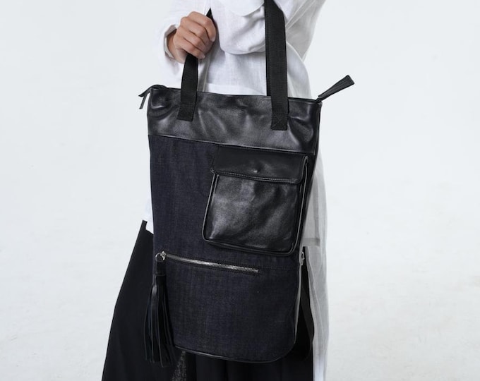 2 in 1 Leather Denim Bag / Genuine Leather Backpack / Black And Blue Tote Bag METB0050