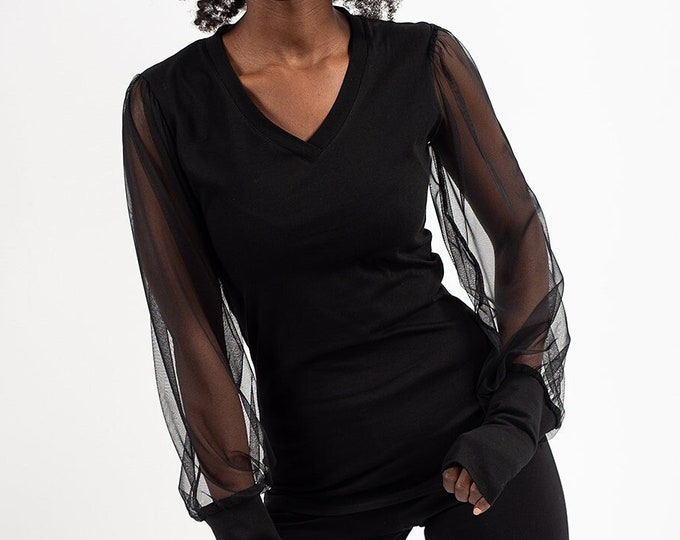 Black Top With Tulle Sleeves / See Trough Sleeves Blouse / V-Neck Mesh Top Woman