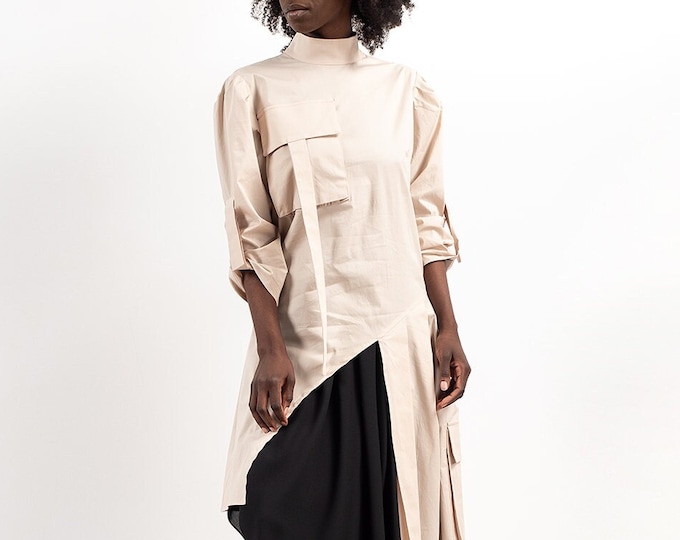 Cotton Long Sleeve Shirt / Mock Neck Shirt / Asymmetrical Shirt / Asymmetric Tunic / Oversize Top / Extravagant Top / Minimal Clothing