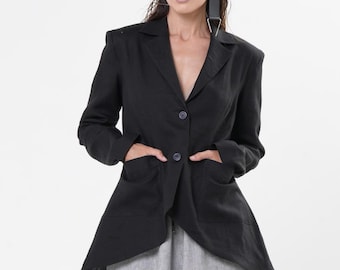 Black Asymmetrical Linen Blazer / High-Low Tail Blazer / Buttoned Black Linen Jacket METC0147_Black