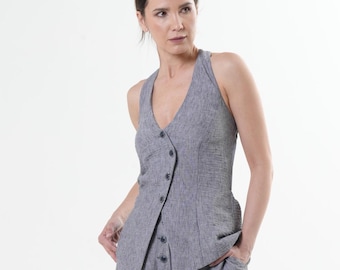 Sleeveless Vest In Gray / Open Back Buttoned Top With Linen  - METT0276_Gray