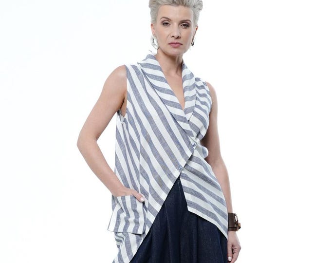 Sleeveless Top In White And Blue Stripes / Summer Tunic With Linen METWB017