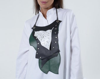 Handmade Leather Bib Necklace: Extravagant Studded Chain Statement